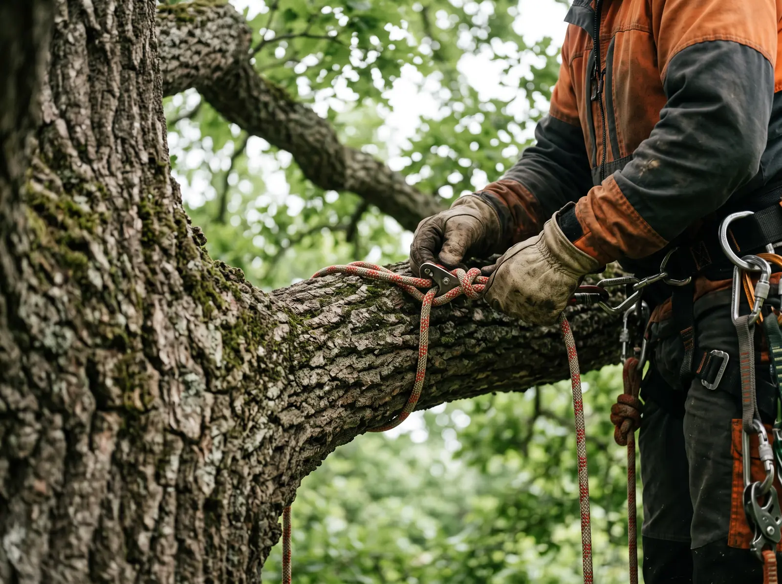 Arborist som justerar rep och knut på en grov ekgren högt i kronan