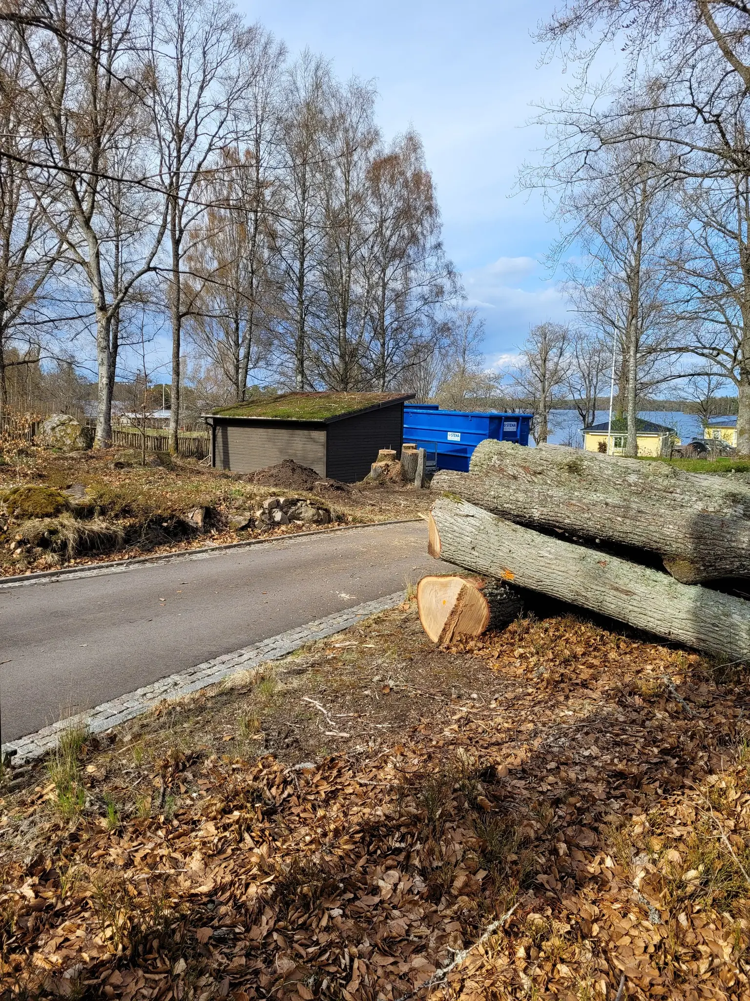 Kapade stockar och flis vid vägkanten efter en fällning